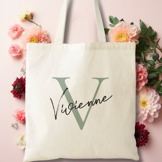 Tote Bag Monogramme personnalisé moderne élégant Sage Green
