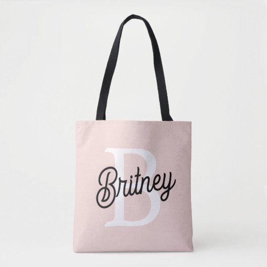 Tote Bag Monogramme Personnalisé Moderne et Nom Rose Pâle (Devant)