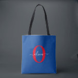 Tote Bag Monogramme personnalisé Nom du script Bleu Blanc R<br><div class="desc">Ce monogramme élégant et design de nom de script peut être offert en cadeau pour un anniversaire, mariage, douche nuptiale, anniversaire, fête des mères ou toute occasion. Il peut être personnalisé avec l'initiale et le nom de la personne. Vous pouvez modifier la police, la couleur de police, la taille de...</div>