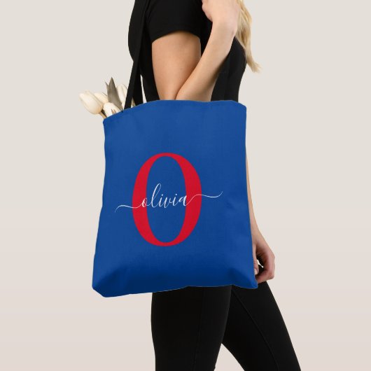 Tote Bag Monogramme personnalisé Nom du script Bleu Blanc R (De près)