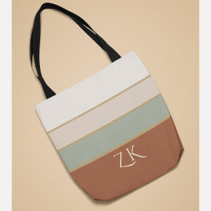 Tote Bag Monogramme Personnalisé Rayures Terracotta Sage