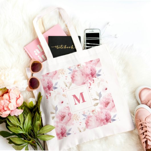 Tote Bag Monogramme personnalisé rose Peonies