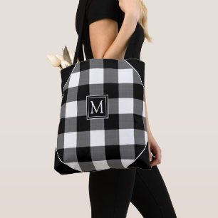Tote Bag Monogramme Plaid Chic Rustique Noir Buffalo Check