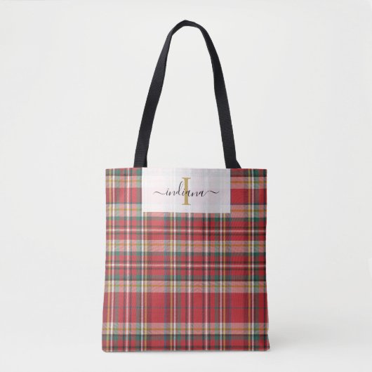 Tote Bag Monogramme plaqué rouge vert Script rustique (Devant)