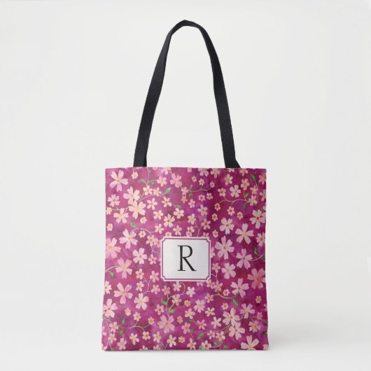 Tote Bag Monogramme pour son rose floral et Rose (Devant)
