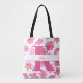 Tote Bag Monogramme Premier Pois Rose Fleurs Aquarelles (Devant)