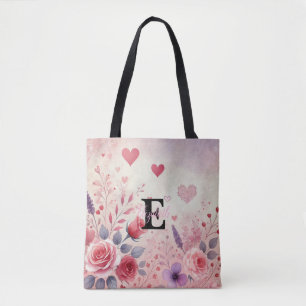 Tote Bag Monogramme prénom coeurs de la Saint-Valentin aqua