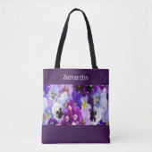 Tote Bag Monogramme Purple Bleu Blanc Floral Flamme cadeau  (Devant)