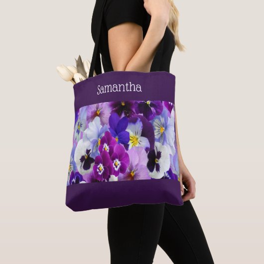 Tote Bag Monogramme Purple Bleu Blanc Floral Flamme cadeau  (De près)