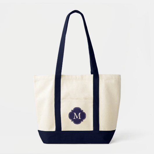 Tote Bag Monogramme Quatrefoil Personnalisé Bleu Marine (Devant)