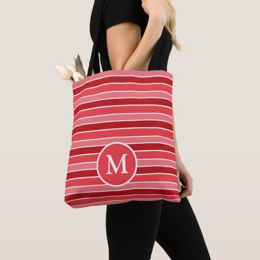Tote Bag Monogrammé rayé de nuances de rouge et de blanc (De près)