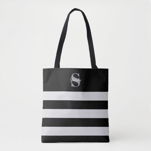 Tote Bag Monogramme rayé noir et blanc Nom initial (Devant)