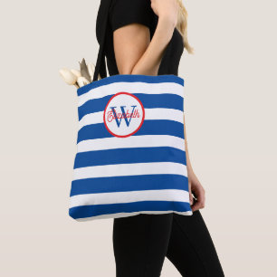 Tote Bag Monogramme Rayures Bleu Nautique et Blanc