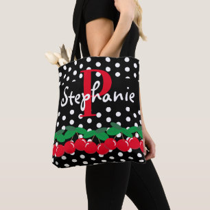 Tote Bag Monogramme Red Cherries White Pois Retro