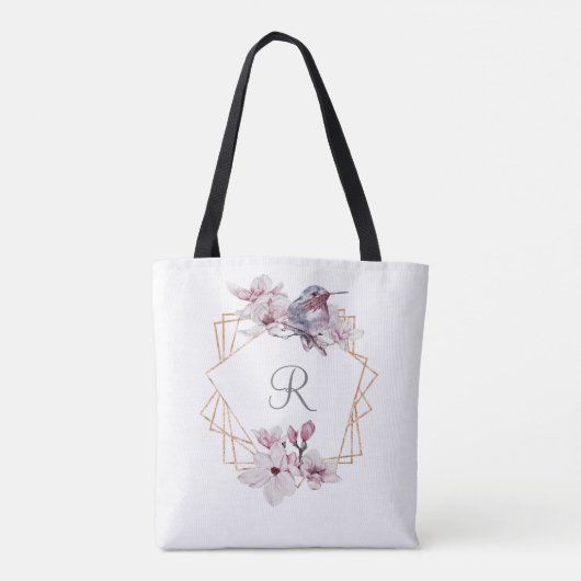 Tote Bag Monogramme rose blanc Magnolias Bird Gold Frame (Dos)
