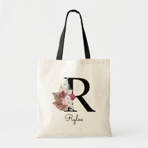 Tote Bag Monogramme Rose Bohème Féminin Floral Initiale R