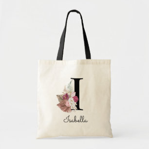Tote Bag Monogramme Rose Boho Féminin Floral Initial I