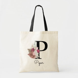 Tote Bag Monogramme Rose Boho Féminin Floral Initial P