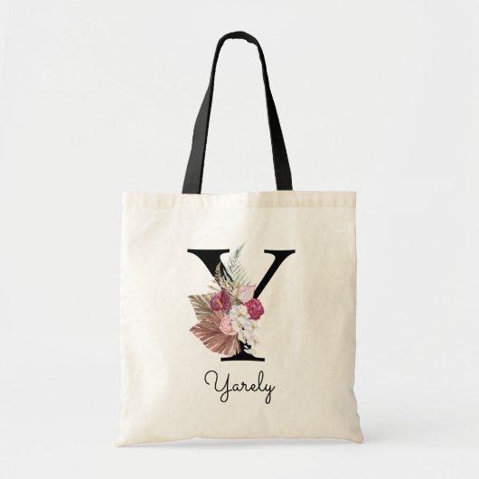Tote Bag Monogramme Rose Boho Féminin Floral Initial Y (Devant)