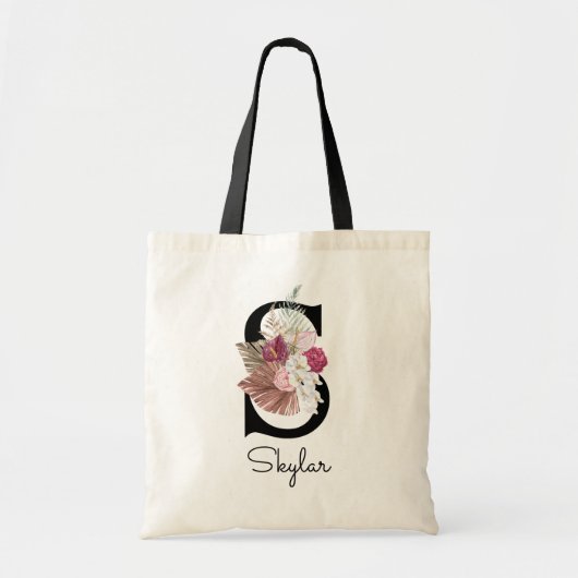 Tote Bag Monogramme Rose Boho Féminin Floral Initiale S (Devant)