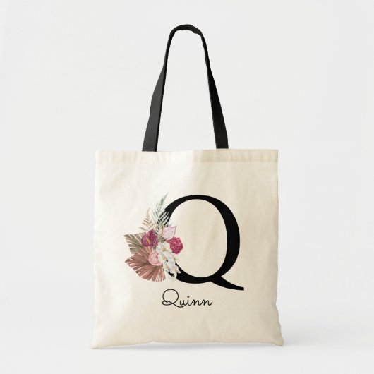 Tote Bag Monogramme Rose Boho Floral Initial Q (Devant)
