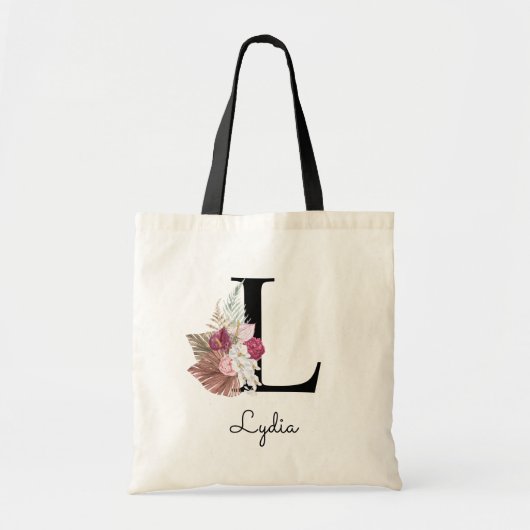 Tote Bag Monogramme rose Boho girly floral initial L (Devant)