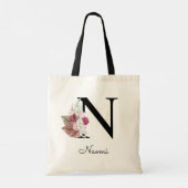 Tote Bag Monogramme rose boho girly floral initial N (Dos)