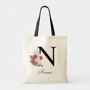 Tote Bag Monogramme rose boho girly floral initial N