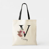 Tote Bag Monogramme rose boho girly floral initial V (Dos)