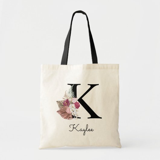 Tote Bag Monogramme rose Boho girly floral initiale K (Devant)