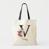 Tote Bag Monogramme rose Boho girly floral initiale V (Devant)