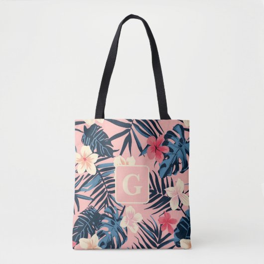 Tote Bag Monogramme rose des fleurs tropicales (Devant)