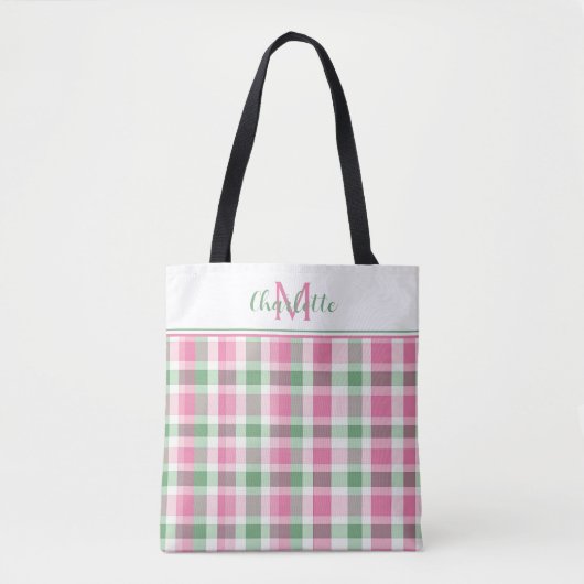 Tote Bag Monogramme rose et vert preppy (Devant)