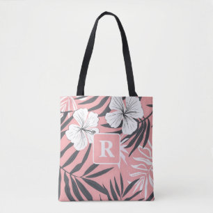 Tote Bag Monogramme rose Hibiscus tropical personnalisé