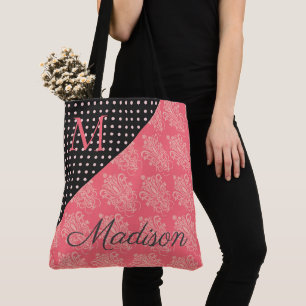 Tote Bag Monogramme rose noir Damas Pots tendance Nom de fi