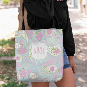 Tote Bag Monogramme rose personnalisé élégant Paisley