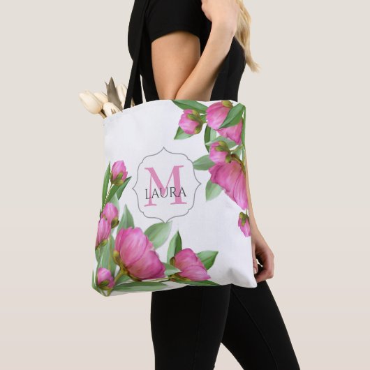Tote Bag Monogramme rose Personnalisé Élégant Peonies botan (De près)