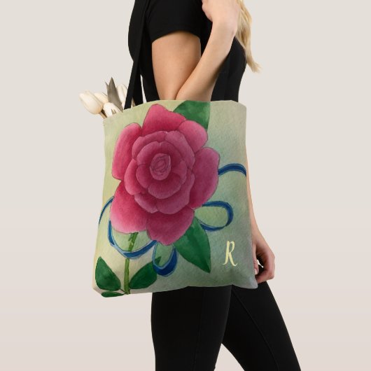 Tote Bag Monogramme rose rose bleu Ribbon (De près)