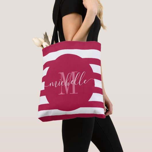 Tote Bag Monogramme rouge Bourgogne Script Elegant Moderne  (De près)