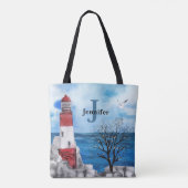 Tote Bag Monogramme Rouge et Bleu Phare Aquarelle Art (Dos)