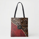 Tote Bag Monogramme - rouge et motif de léopard (Devant)
