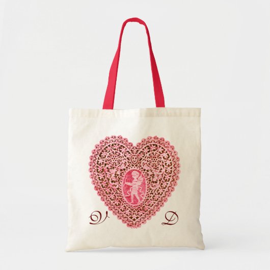 TOTE BAG MONOGRAMME ROUGE-ROSE DE COEUR DE DENTELLE DE (Devant)