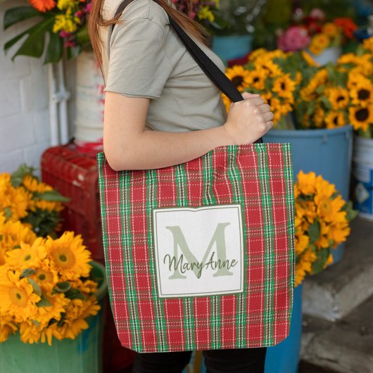 Tote Bag Monogramme rustique de Noël Plaid rouge de vacance
