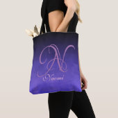 Tote Bag Monogramme rustique élégant noir violet bleu (De près)