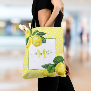 Tote Bag Monogramme rustique pays citron aquarelle pois
