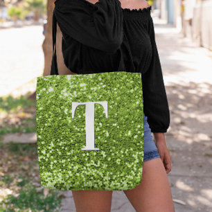 Tote Bag Monogramme scintillant à faux éclats de vert citro