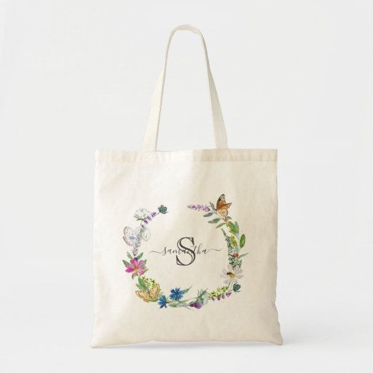 Tote Bag Monogramme Script Calligraphie Papillons Fleurs (Devant)