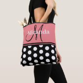 Tote Bag Monogramme Script noir rose Pois blancs (De près)