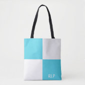 Tote Bag Monogramme simple bleu clair et blanc Carrés (Devant)