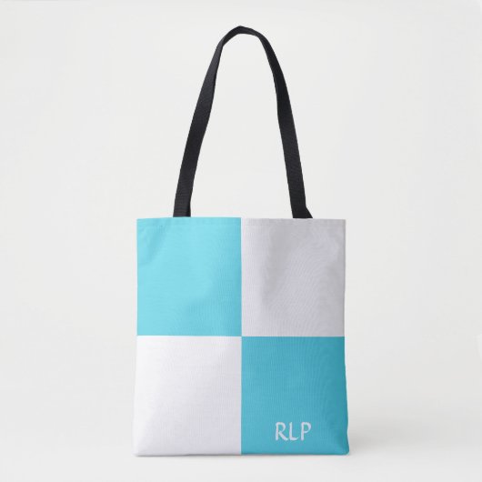 Tote Bag Monogramme simple bleu clair et blanc Carrés (Devant)